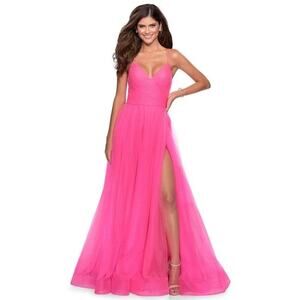 La Femme Pink Ruched Tulle A-Line Prom Party Formal Gown Size 2